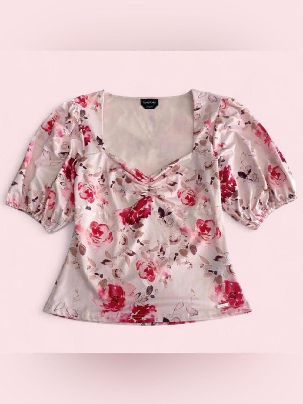 Bebe Pink Floral Puff Sleeve Sweetheart Neckline Short Sleeve Top M